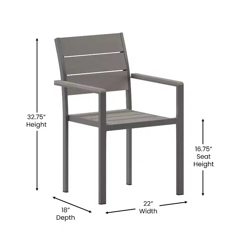 Chaise de patio commerciale Flash Furniture Finch avec accoudoirs, chaise d'appoint empilable avec lattes en faux teck et cadre en métal