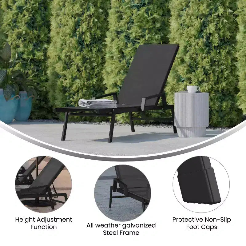 Flash Furniture Brazos, chaise longue réglable avec accoudoirs, transat d'extérieur toutes saisons à cinq positions