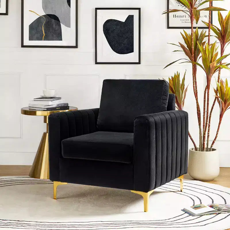 Fauteuil club capitonné contemporain en bois Iapygia avec pieds en métal pour chambre et salon | ART OF LIVING DESIGNS