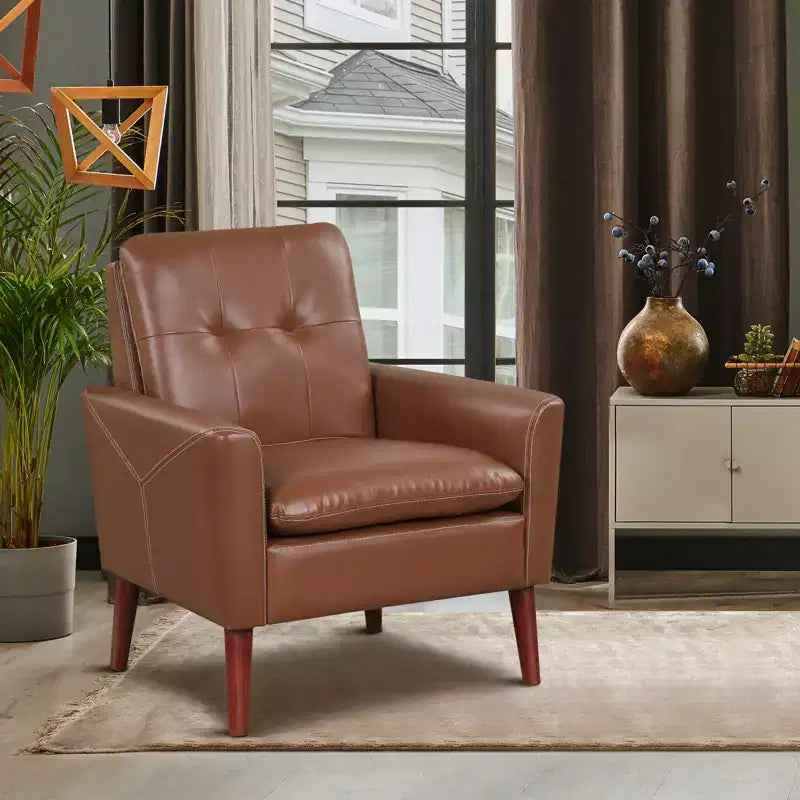 Costway Fauteuil moderne en PU avec accoudoirs et pieds en bois massif