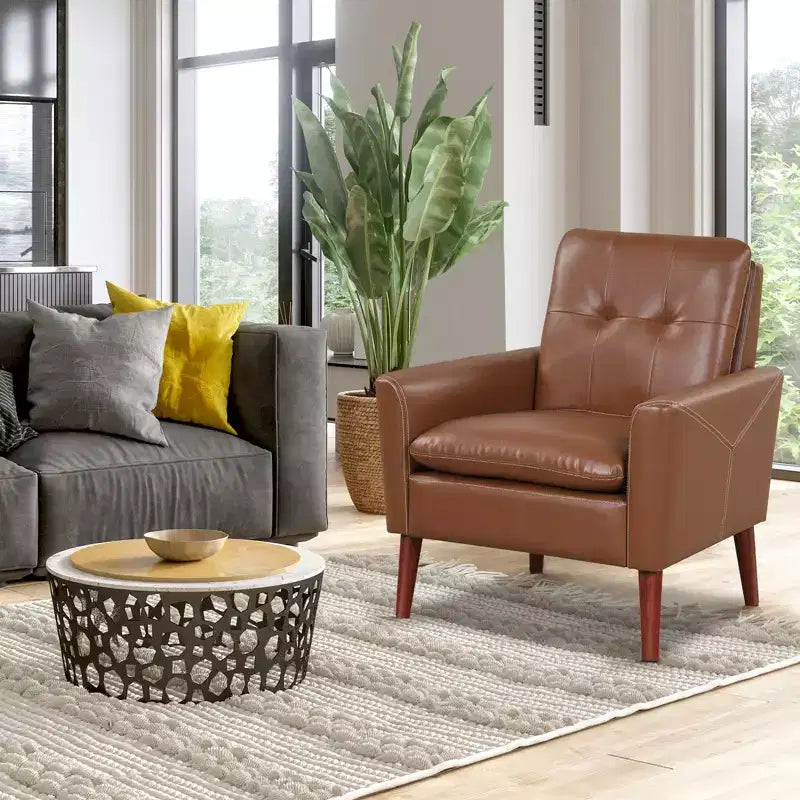 Costway Fauteuil moderne en PU avec accoudoirs et pieds en bois massif