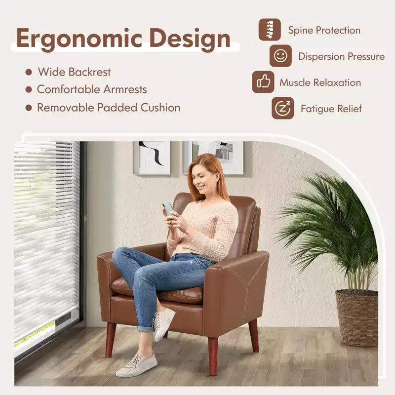 Costway Fauteuil moderne en PU avec accoudoirs et pieds en bois massif