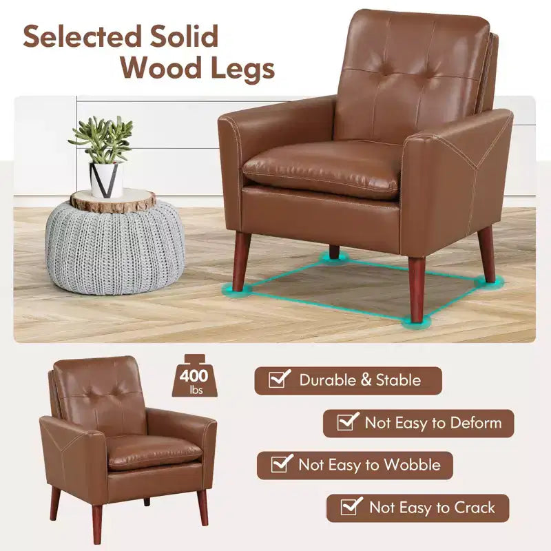 Costway Fauteuil moderne en PU avec accoudoirs et pieds en bois massif