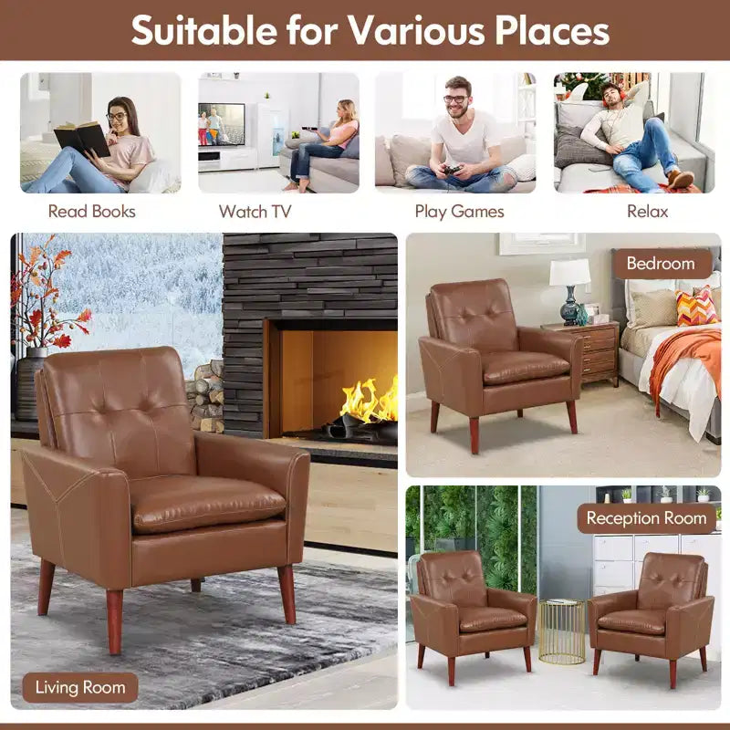 Costway Fauteuil moderne en PU avec accoudoirs et pieds en bois massif