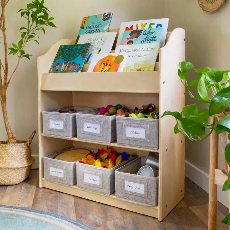 Guidecraft EdQ Book and Bin Browser: Wooden Bookcase with Tiered Shelves and Cubbies, Toddler Playroom Furniture and Cube Organizer