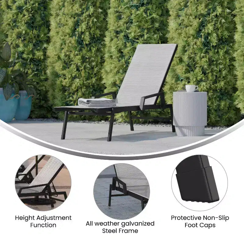 Chaise longue de patio réglable 5 positions en textilène Emma et Oliver avec accoudoirs et cadre en métal