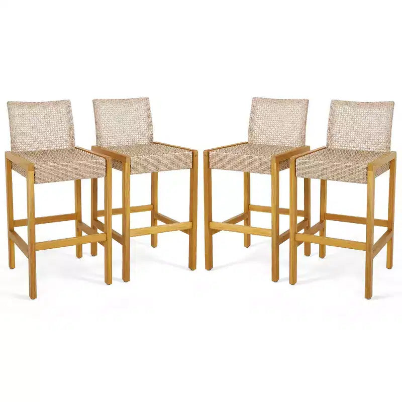 Costway Set of 4 Patio Wood Barstools Rattan Bar Height Chairs with Backrest Porch Balcony