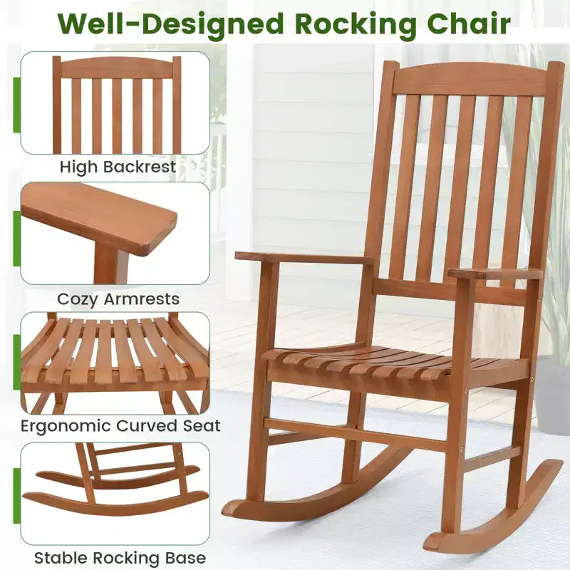 Costway Fauteuil à Bascule d'extérieur en Bois d'Eucalyptus pour Patio, Ergonomique et à Lattes pour Jardin
