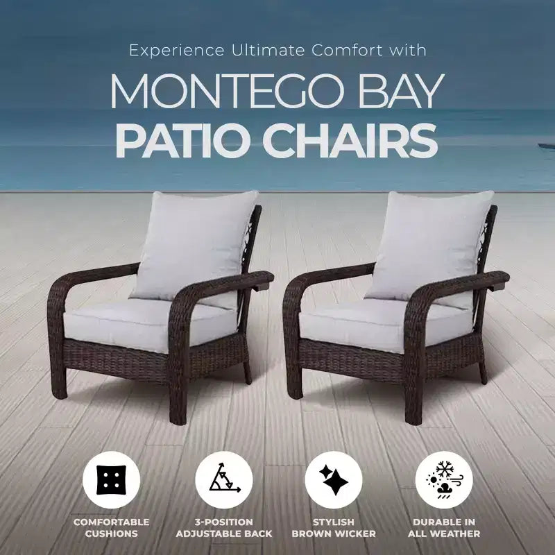 Ensemble de meubles de jardin Four Seasons Courtyard Montego Bay avec 2 chaises d'extérieur rembourrées et réglables pour terrasses et vérandas, résistant aux intempéries, couleur marron