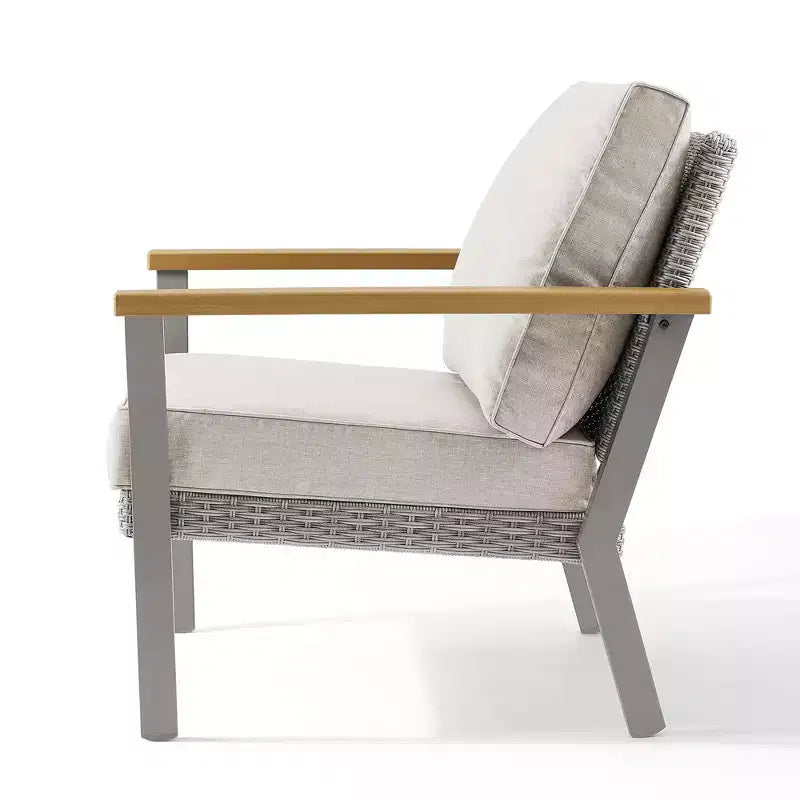 SONGMICS HOME Collection Sencillo - Chaise longue, Fauteuil, Canapé 1 place, Siège de patio, avec accoudoirs aspect bois, Gris et Beige