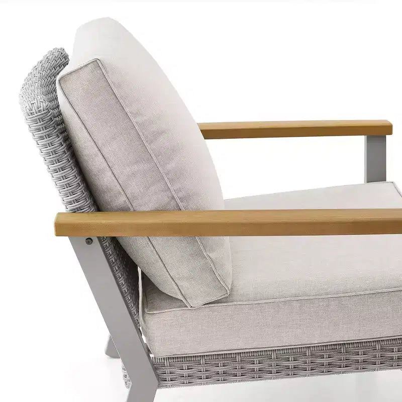SONGMICS HOME Collection Sencillo - Chaise longue, Fauteuil, Canapé 1 place, Siège de patio, avec accoudoirs aspect bois, Gris et Beige