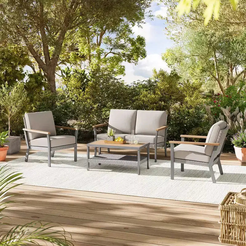 SONGMICS HOME Collection Sencillo - Causeuse, canapé 2 places, fauteuil de salon, siège de patio, avec accoudoirs imitation bois, gris et beige