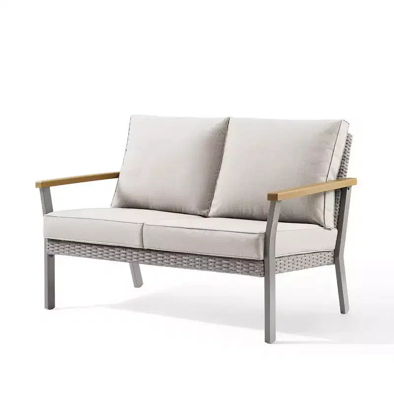 SONGMICS HOME Collection Sencillo - Causeuse, canapé 2 places, fauteuil de salon, siège de patio, avec accoudoirs imitation bois, gris et beige