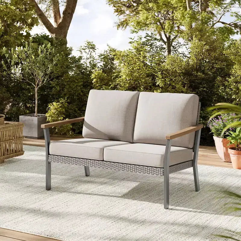 SONGMICS HOME Collection Sencillo - Causeuse, canapé 2 places, fauteuil de salon, siège de patio, avec accoudoirs imitation bois, gris et beige