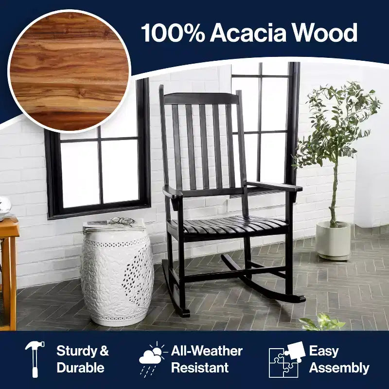 Fauteuil à bascule d'extérieur en bois d'acacia avec dossier à lattes classique de ferme Seagrove, supporte jusqu'à 158 kg - JONATHAN Y
