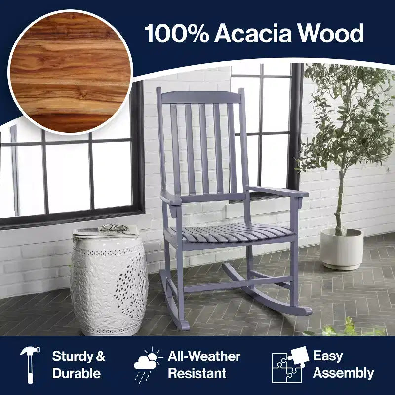 Fauteuil à bascule d'extérieur en bois d'acacia avec dossier à lattes classique de ferme Seagrove, supporte jusqu'à 158 kg - JONATHAN Y