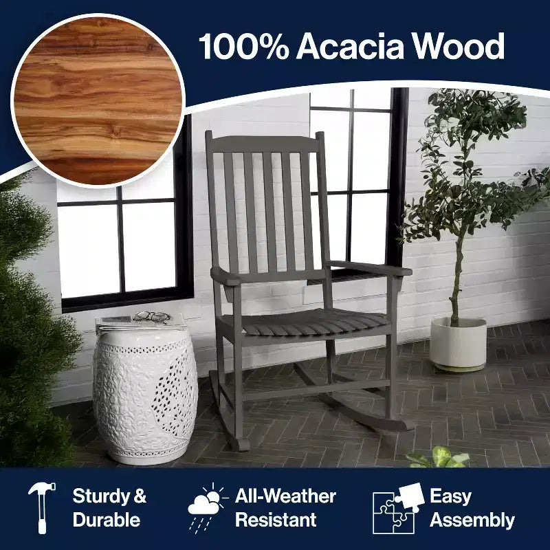 Fauteuil à bascule d'extérieur en bois d'acacia avec dossier à lattes classique de ferme Seagrove, supporte jusqu'à 158 kg - JONATHAN Y