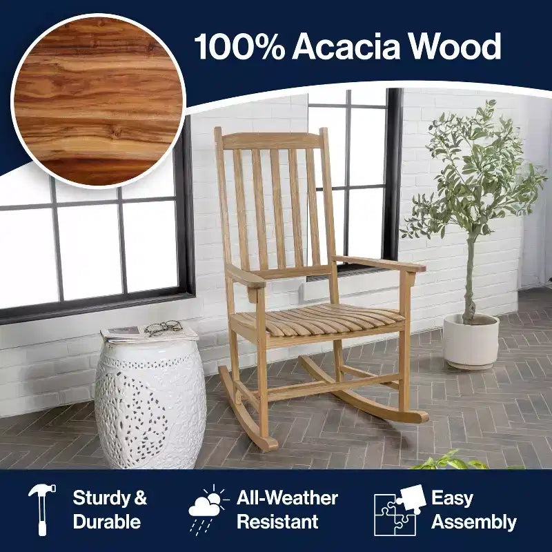 Fauteuil à bascule d'extérieur en bois d'acacia avec dossier à lattes classique de ferme Seagrove, supporte jusqu'à 158 kg - JONATHAN Y