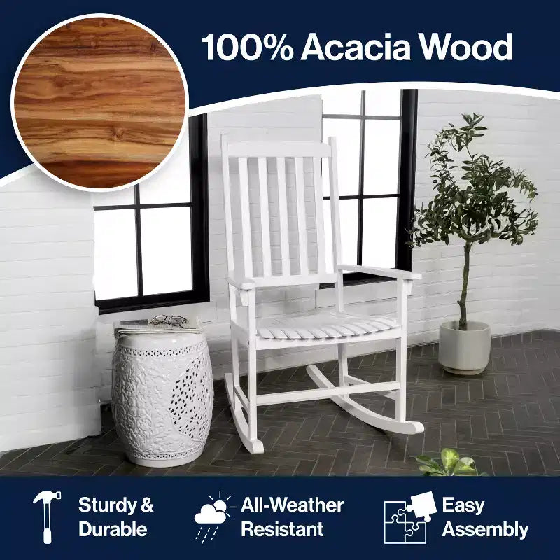 Fauteuil à bascule d'extérieur en bois d'acacia avec dossier à lattes classique de ferme Seagrove, supporte jusqu'à 158 kg - JONATHAN Y