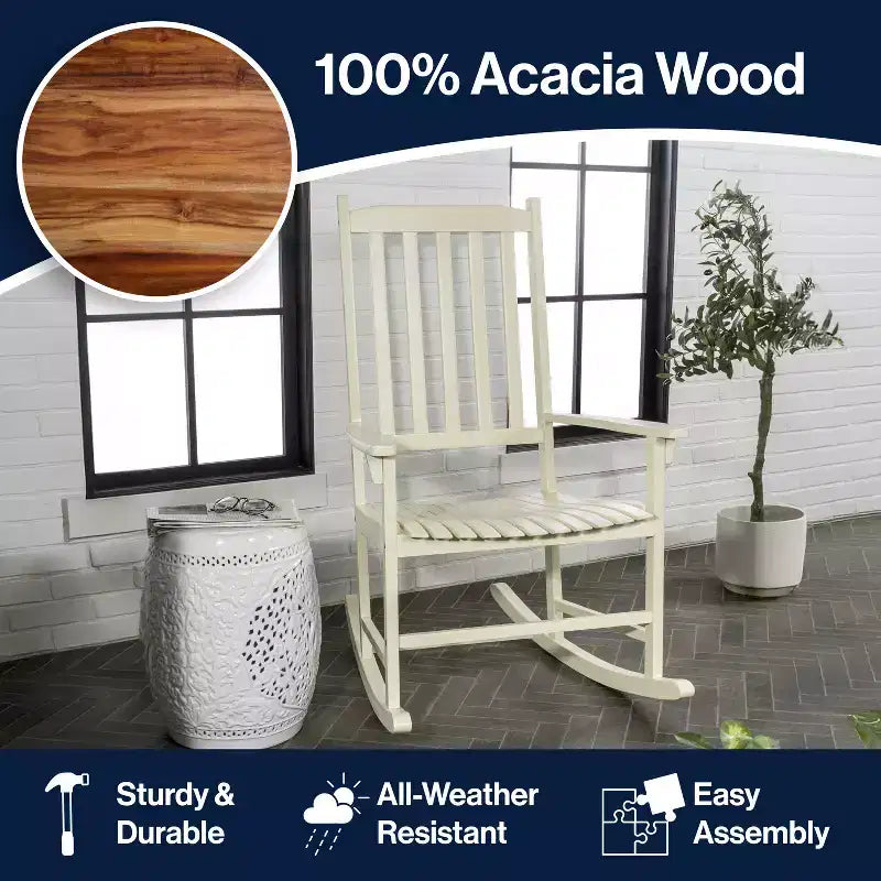 Fauteuil à bascule d'extérieur en bois d'acacia avec dossier à lattes classique de ferme Seagrove, supporte jusqu'à 158 kg - JONATHAN Y