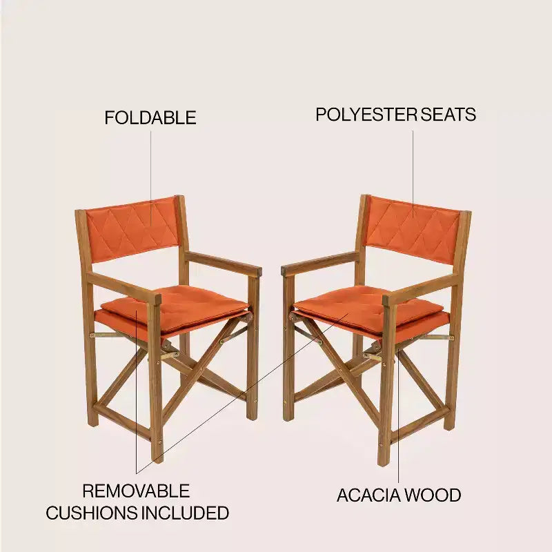 Chaise de réalisateur pliable Waldo Classic mi-siècle en bois d'acacia avec dossier matelassé en losange et coussin (lot de 2) - JONATHAN Y