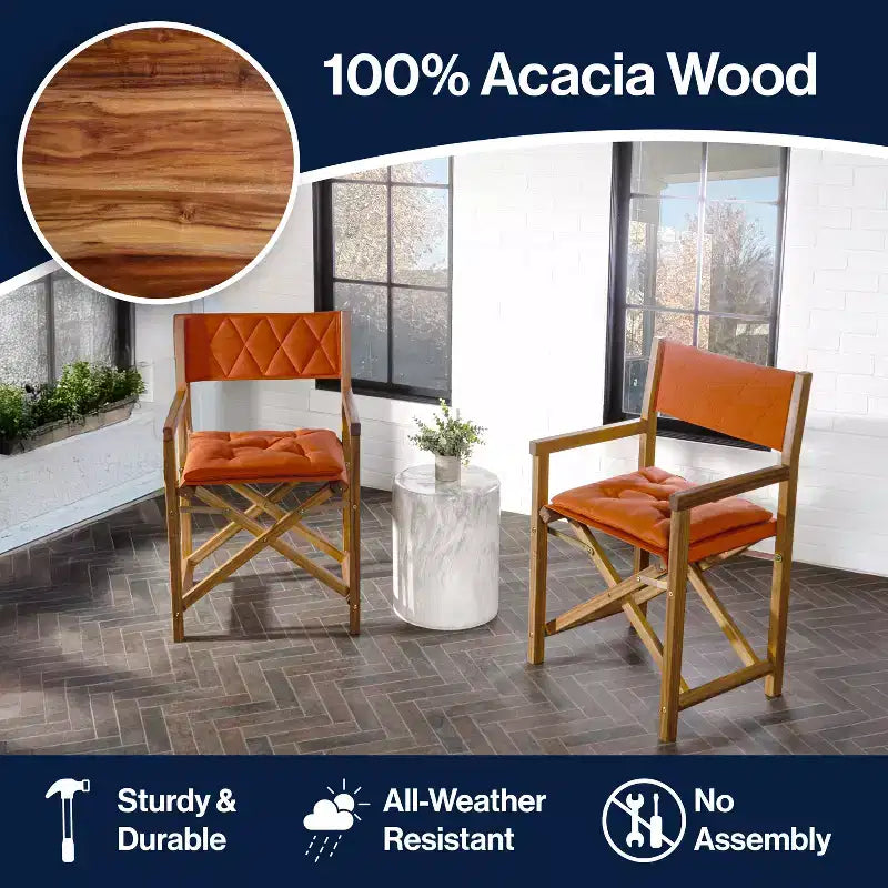 Chaise de réalisateur pliable Waldo Classic mi-siècle en bois d'acacia avec dossier matelassé en losange et coussin (lot de 2) - JONATHAN Y