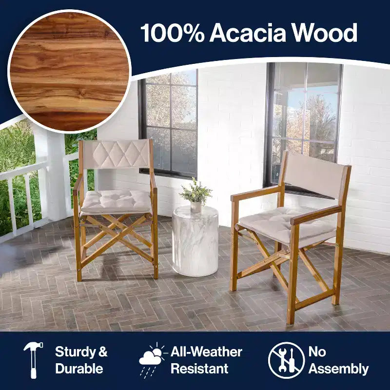Chaise de réalisateur pliable Waldo Classic mi-siècle en bois d'acacia avec dossier matelassé en losange et coussin (lot de 2) - JONATHAN Y