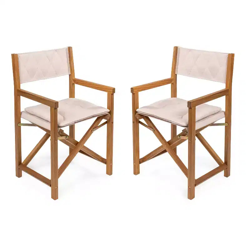 Waldo Classic Mid-Century Outdoor Acacia Wood Foldable Diamond-Quilted Back Director Chair with Cushion (Set of 2) - JONATHAN Y