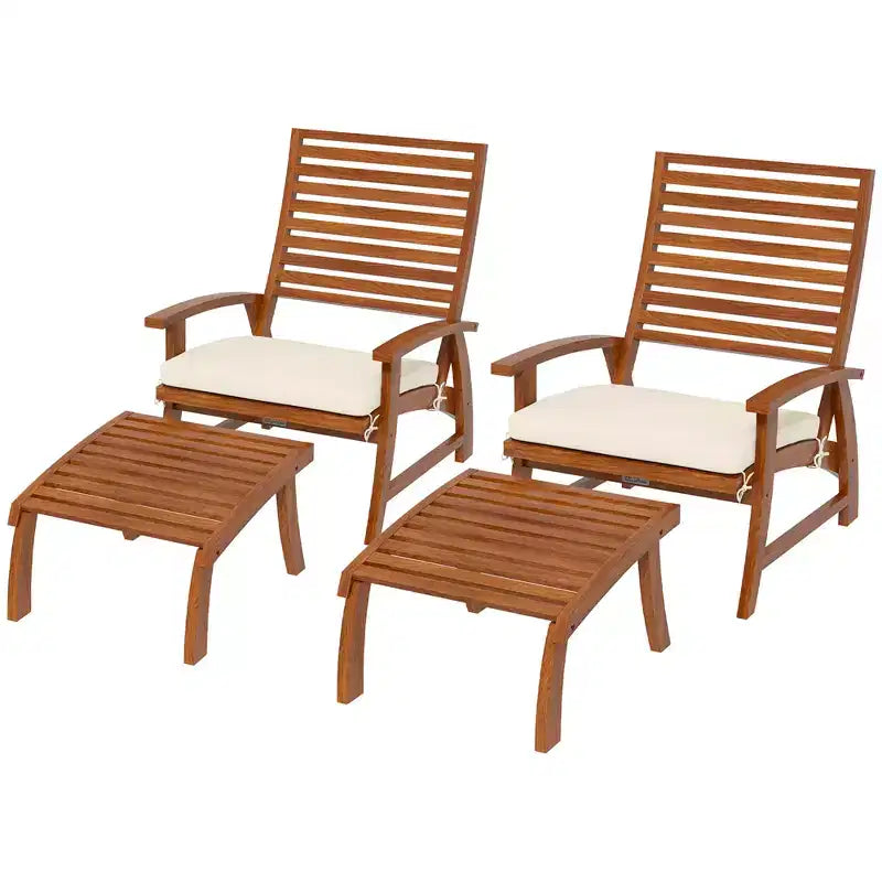 Ensemble de mobilier de patio 4 pièces Outsunny, 2 chaises avec coussins et poufs, assise et dossier en bois d'acacia à lattes, blanc crème