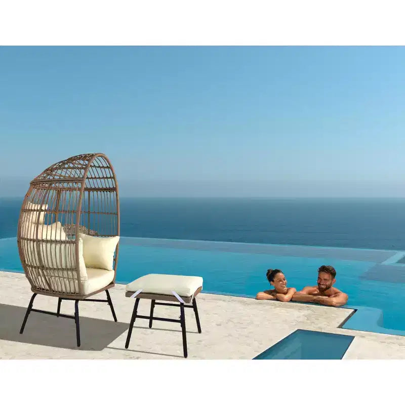 Fauteuil œuf en osier pour patio extérieur avec repose-pieds 4W, Gris Bleu/Beige -ModernLuxe
