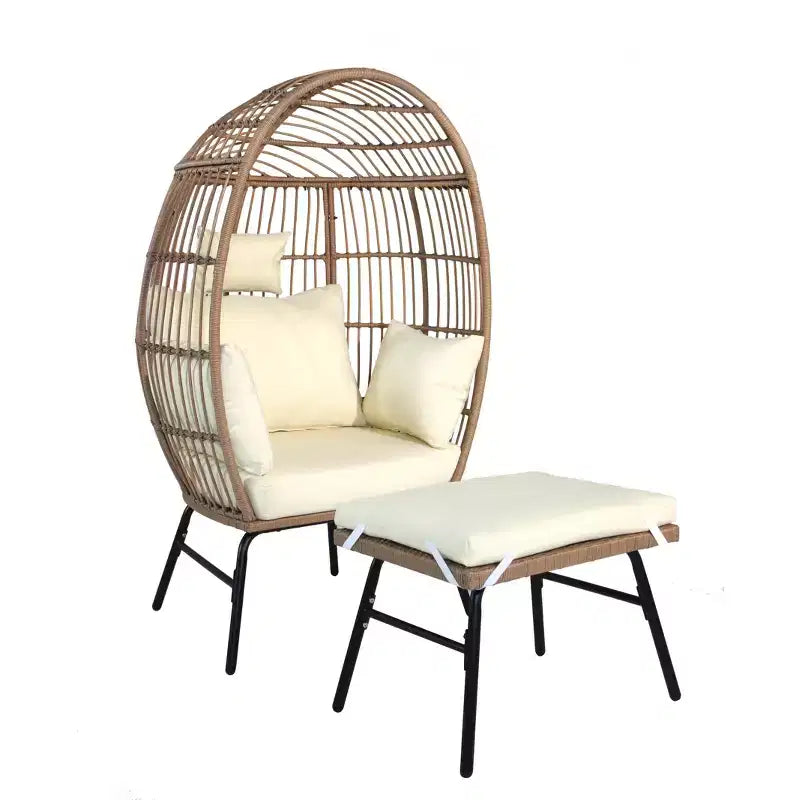 Fauteuil œuf en osier pour patio extérieur avec repose-pieds 4W, Gris Bleu/Beige -ModernLuxe