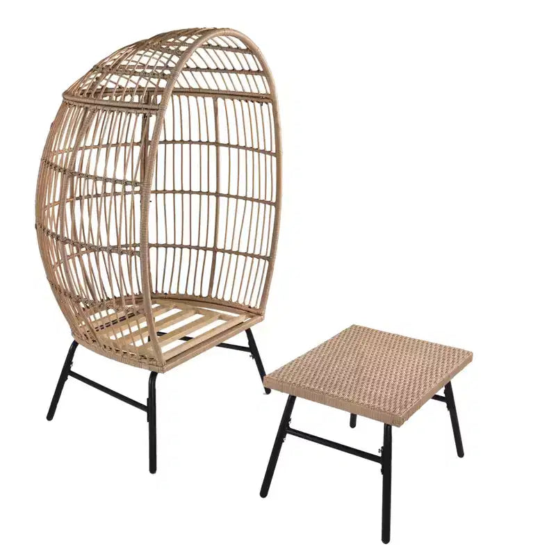 Fauteuil œuf en osier pour patio extérieur avec repose-pieds 4W, Gris Bleu/Beige -ModernLuxe