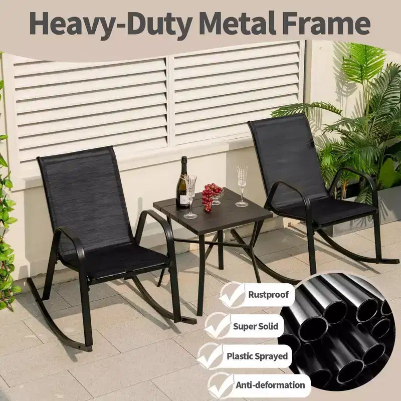 Costway Lot de 2 fauteuils à bascule de terrasse en métal robuste avec patins antidérapants pour l'extérieur, noir