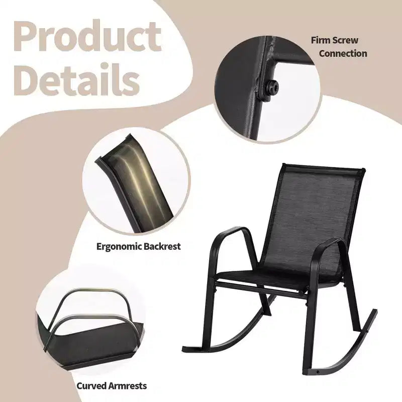 Costway Lot de 2 fauteuils à bascule de terrasse en métal robuste avec patins antidérapants pour l'extérieur, noir