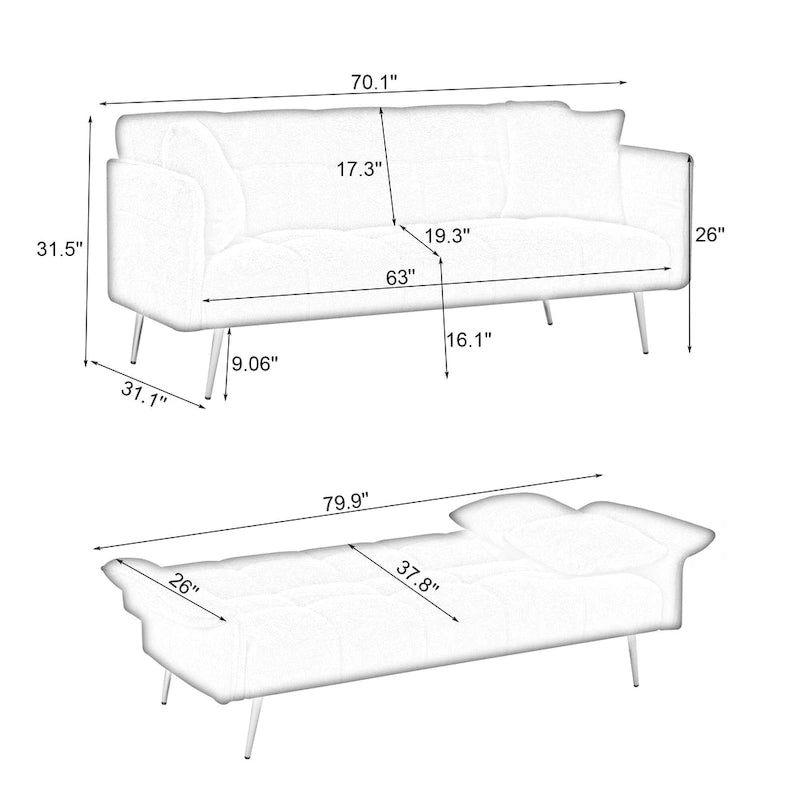 Canapé-lit double convertible avec accoudoirs pliants - 31,10 x 70,00 x 31,49