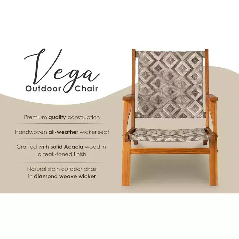Balkene Home Chaise d'extérieur Vega en osier toutes saisons résistant aux intempéries, avec construction en bois d'acacia et accoudoirs confortables - Osier tissé en losange