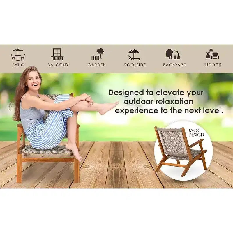 Balkene Home Chaise d'extérieur Vega en osier toutes saisons résistant aux intempéries, avec construction en bois d'acacia et accoudoirs confortables - Osier tissé en losange