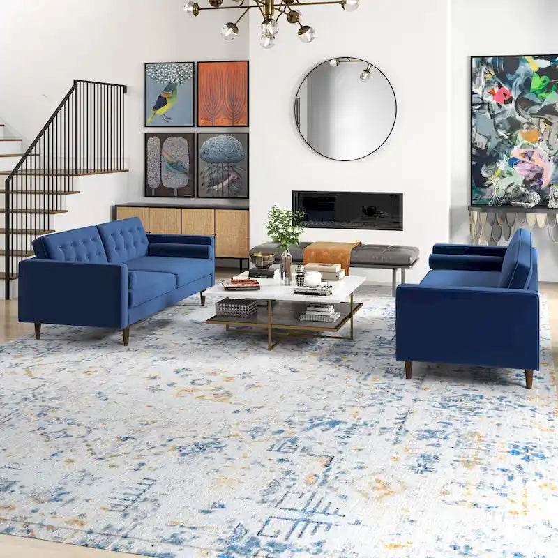 Ensemble canapé et causeuse en velours à dossier capitonné Kenzo Mid Century