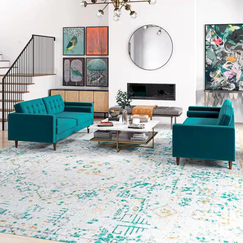 Ensemble canapé et causeuse en velours à dossier capitonné Kenzo Mid Century