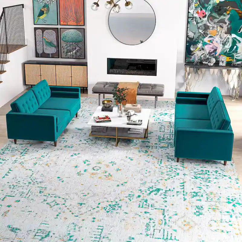 Ensemble canapé et causeuse en velours à dossier capitonné Kenzo Mid Century