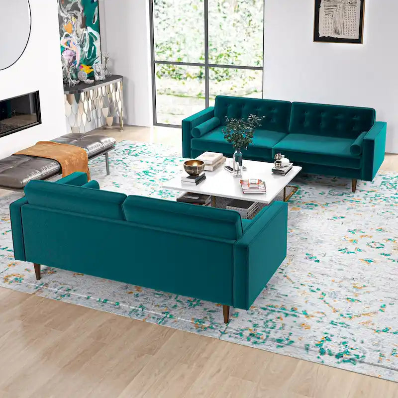 Ensemble canapé et causeuse en velours à dossier capitonné Kenzo Mid Century