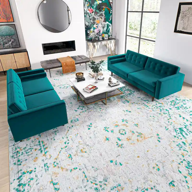 Ensemble canapé et causeuse en velours à dossier capitonné Kenzo Mid Century