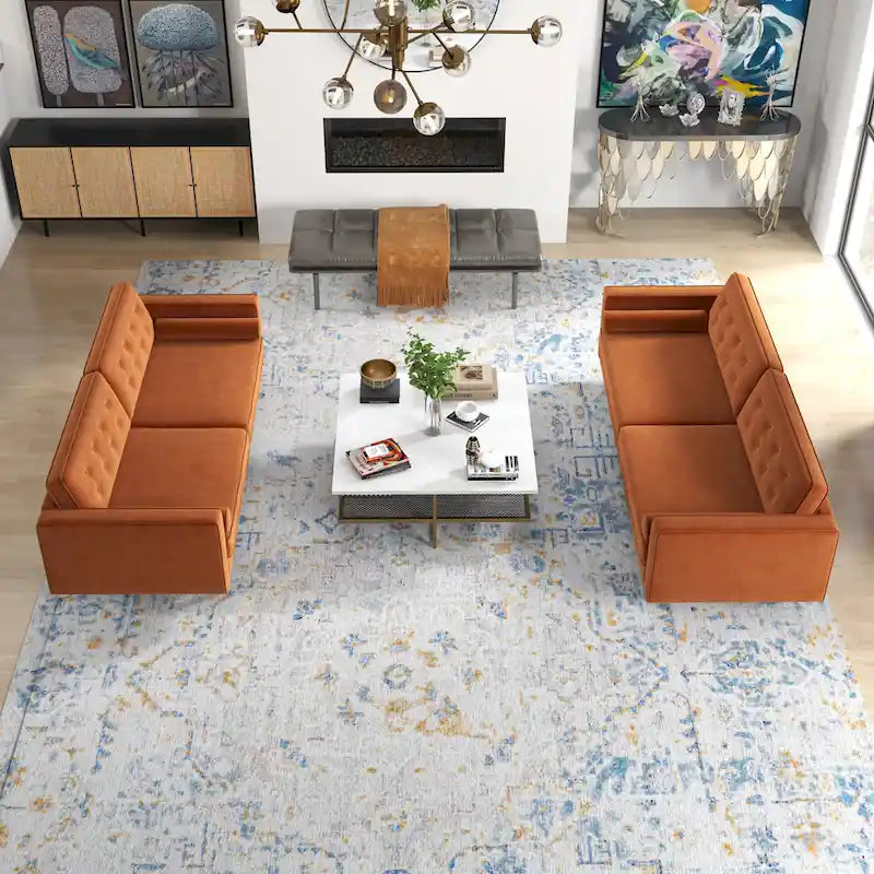 Ensemble canapé et causeuse en velours à dossier capitonné Kenzo Mid Century