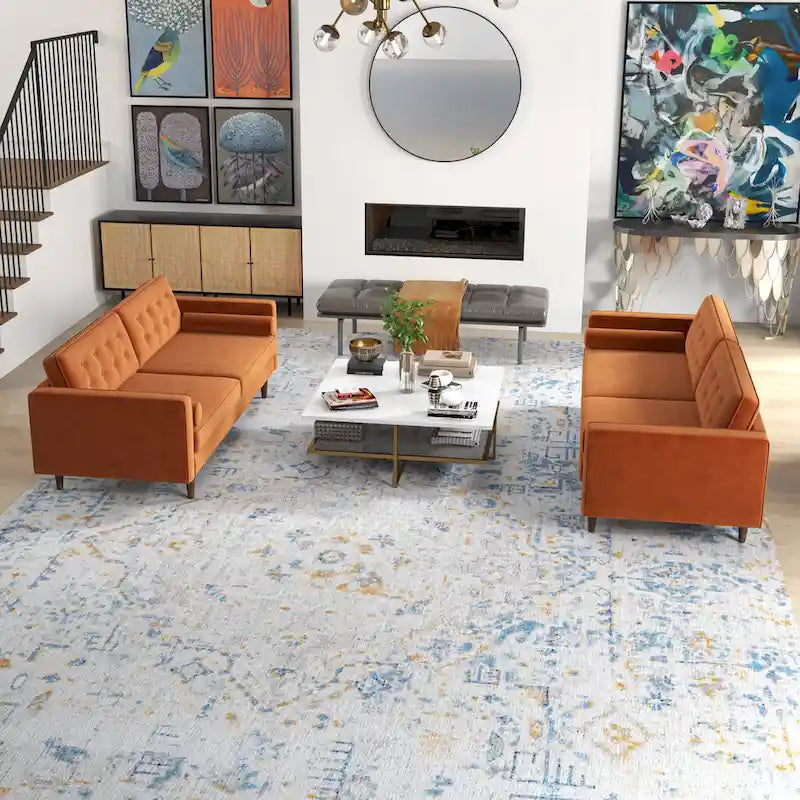 Ensemble canapé et causeuse en velours à dossier capitonné Kenzo Mid Century