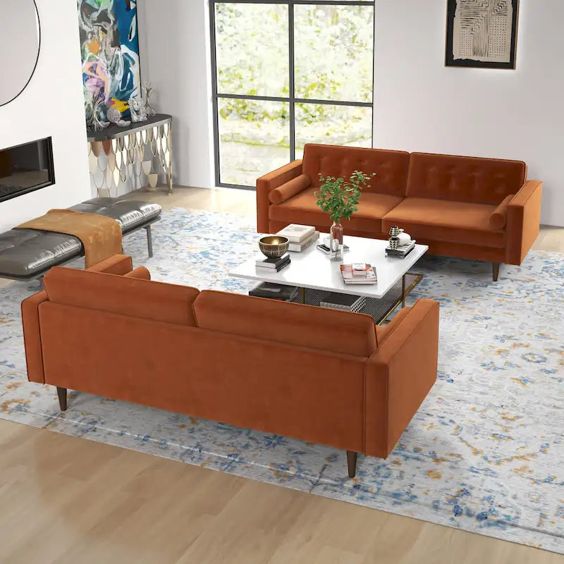 Ensemble canapé et causeuse en velours à dossier capitonné Kenzo Mid Century