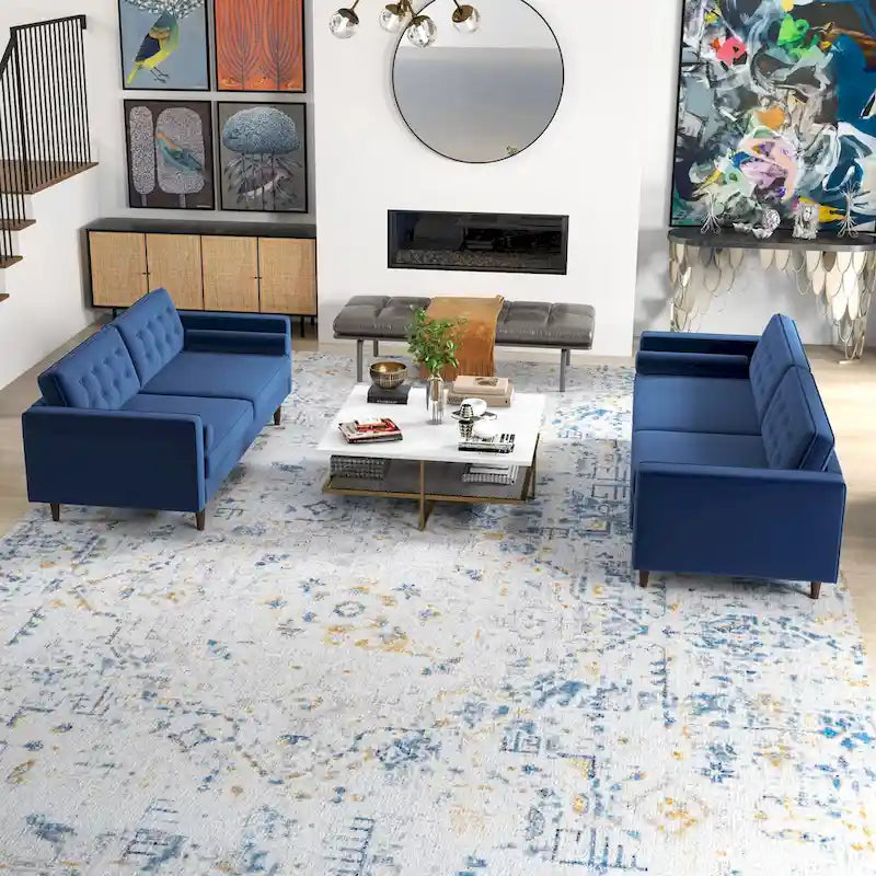 Ensemble canapé et causeuse en velours à dossier capitonné Kenzo Mid Century