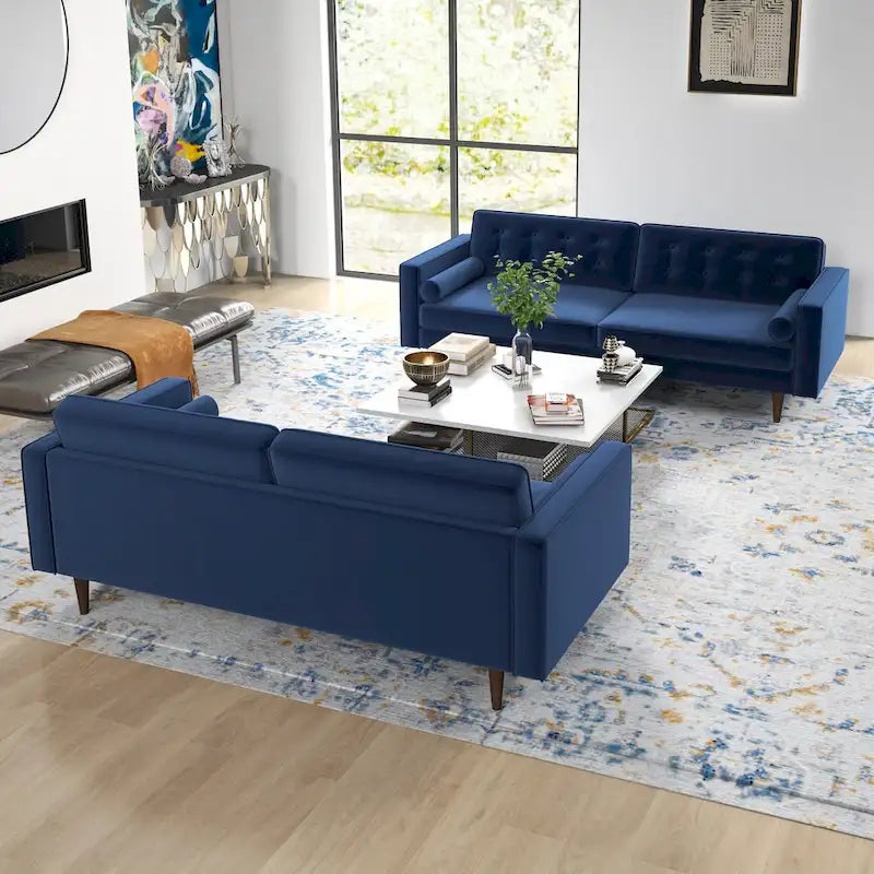 Ensemble canapé et causeuse en velours à dossier capitonné Kenzo Mid Century