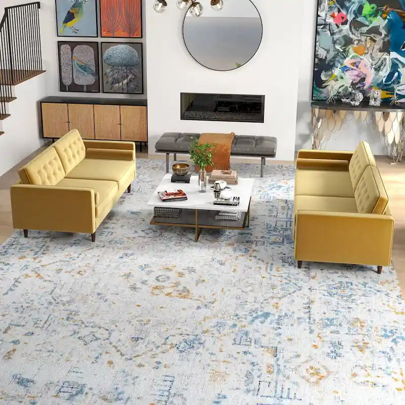 Ensemble canapé et causeuse en velours à dossier capitonné Kenzo Mid Century