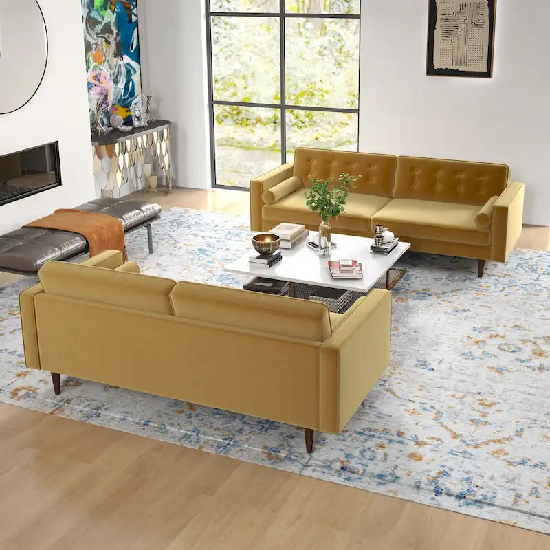 Ensemble canapé et causeuse en velours à dossier capitonné Kenzo Mid Century