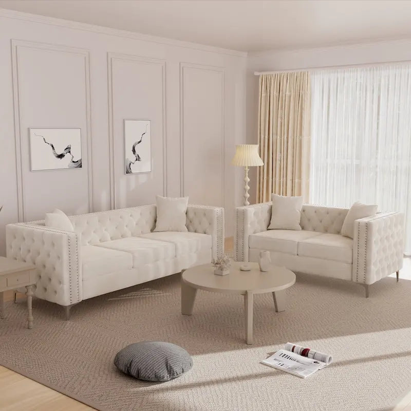 Morden Fort Ensemble canapé et causeuse 2 places en velours hollandais beige, avec pieds en fer